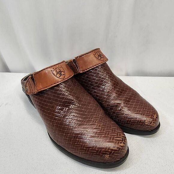 Ariat Women's 9 Brown Leather Woven Rattan Weave Slingback Clog Mules Comfort - Picture 1 of 9
